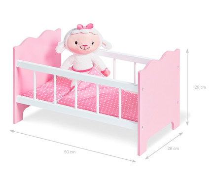 Rosa Pinolino Puppenbett »Jasmin« mit weißen Seitenteilen und Plüschtier-Lammin drin.