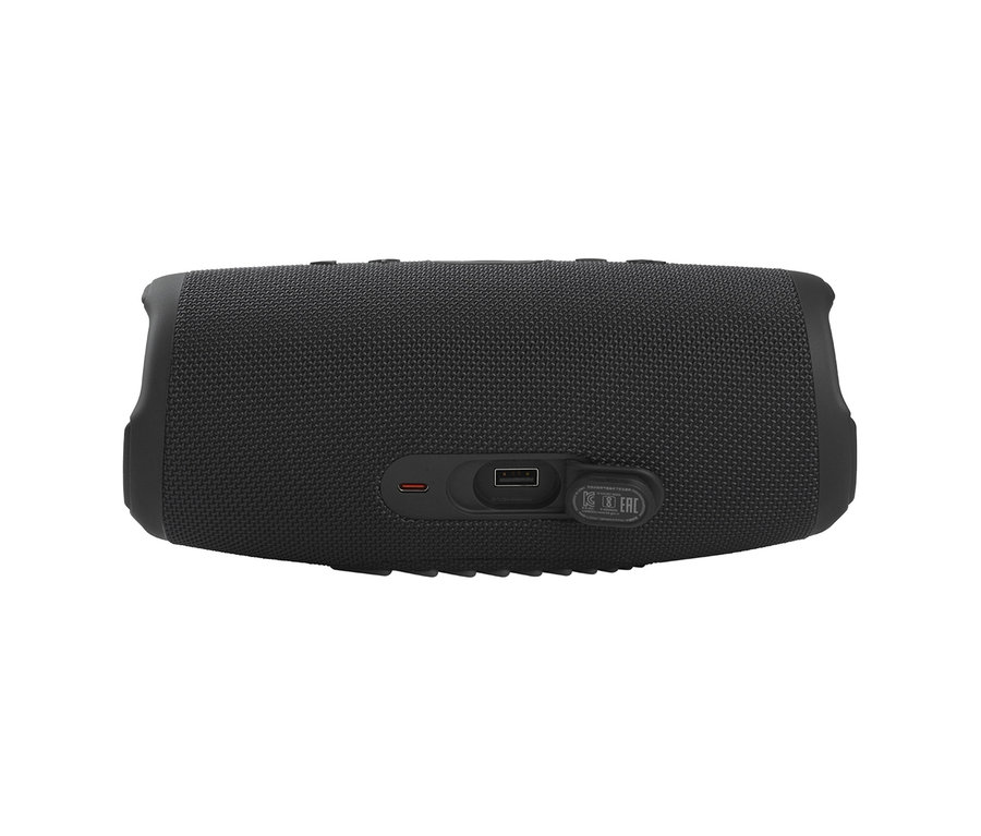 Detailansicht eines schwarzen JBL »Charge 5« Lautsprechers.