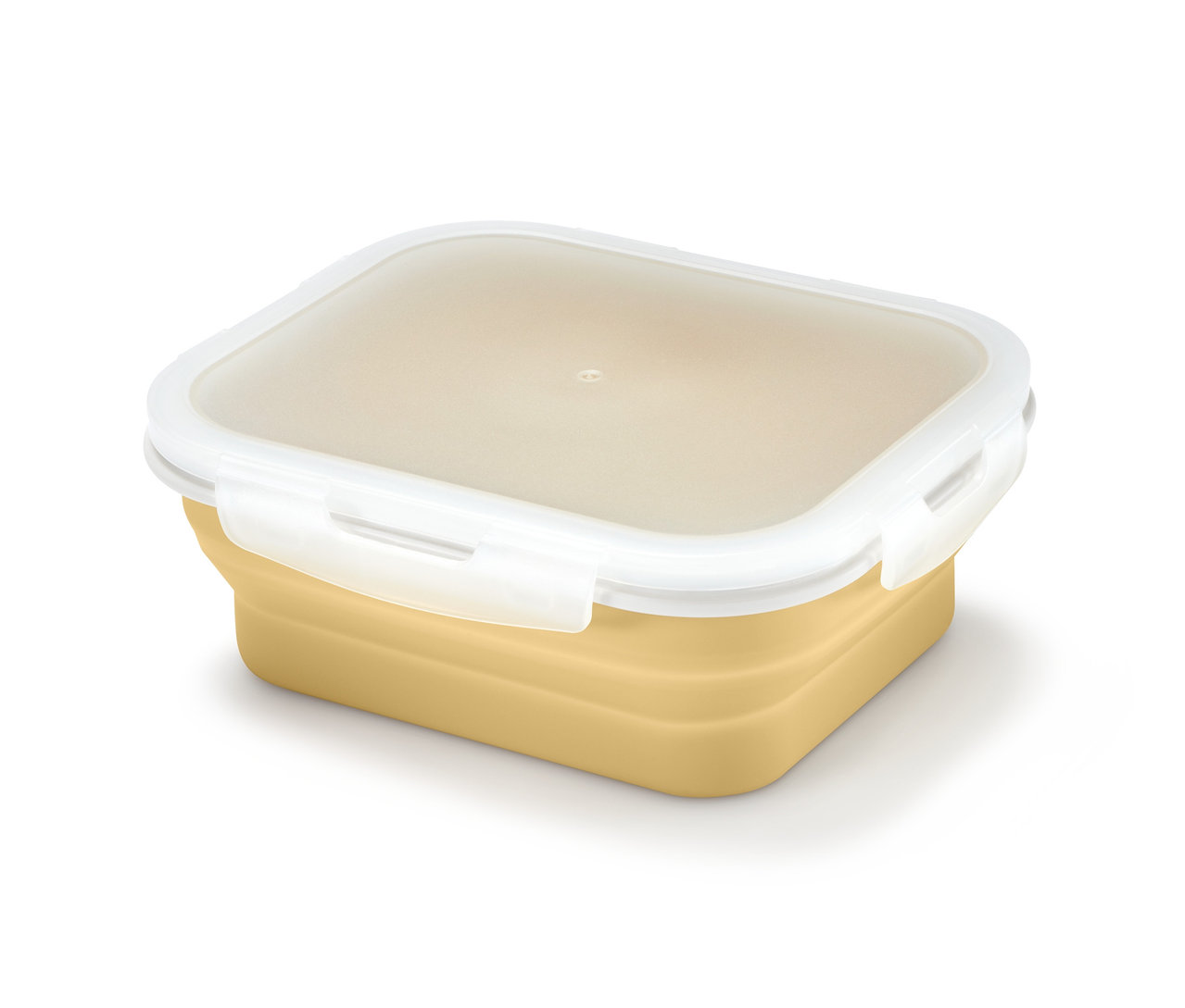 Eine gelbe, faltbare Frischhaltedose mit transparentem Deckel.