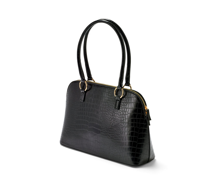 Schwarzer Shopper mit Krokodillederstruktur und goldenem Reißverschluss.