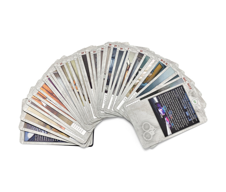 Aufgefächerter Satz Escape-Karten »Escape Room – in der Hand des Entführers«.