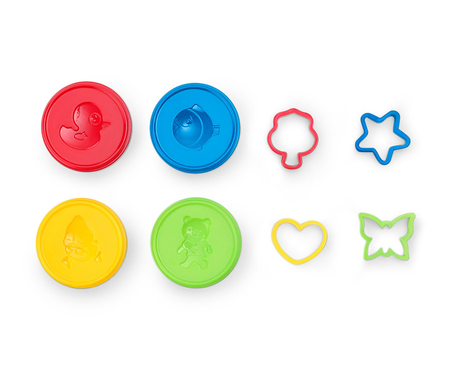 Knete-Set: rote Ente, blauer Fisch, roter Baum, blauer Stern, gelber Clown, grüner Bär, gelbes Herz und grüner Schmetterling.