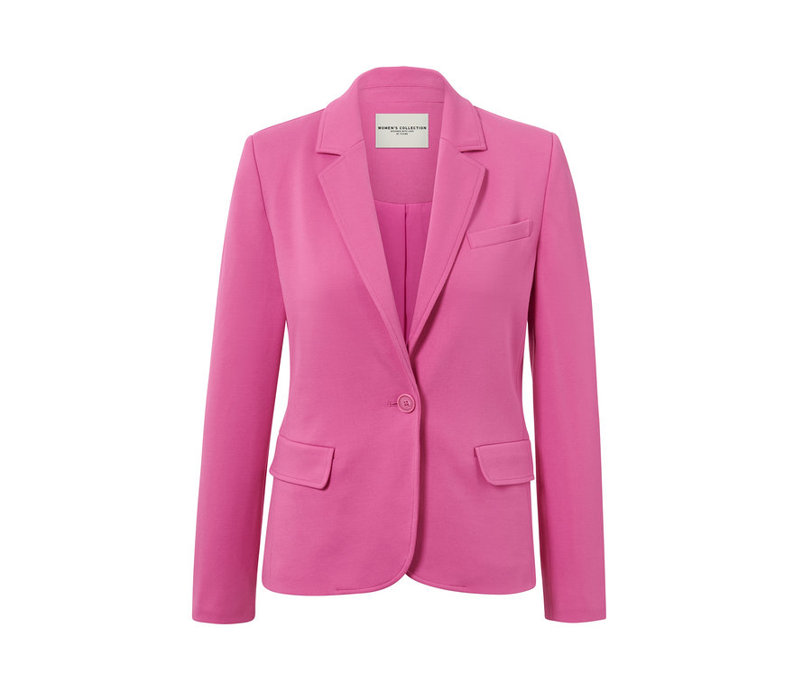 Pinkfarbener Jerseyblazer mit Revers und einem Knopf.