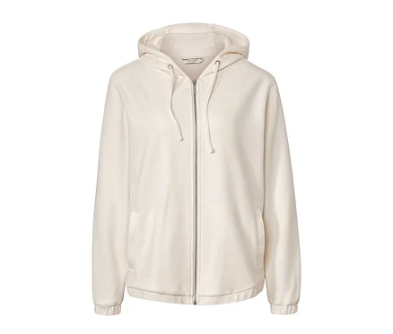 Cremeweiße Sweatjacke mit Kapuze und Reißverschluss in der Mitte.
