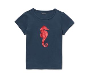 Dunkelblaues Kinder-T-Shirt mit roter Seepferdchen-Applikation.