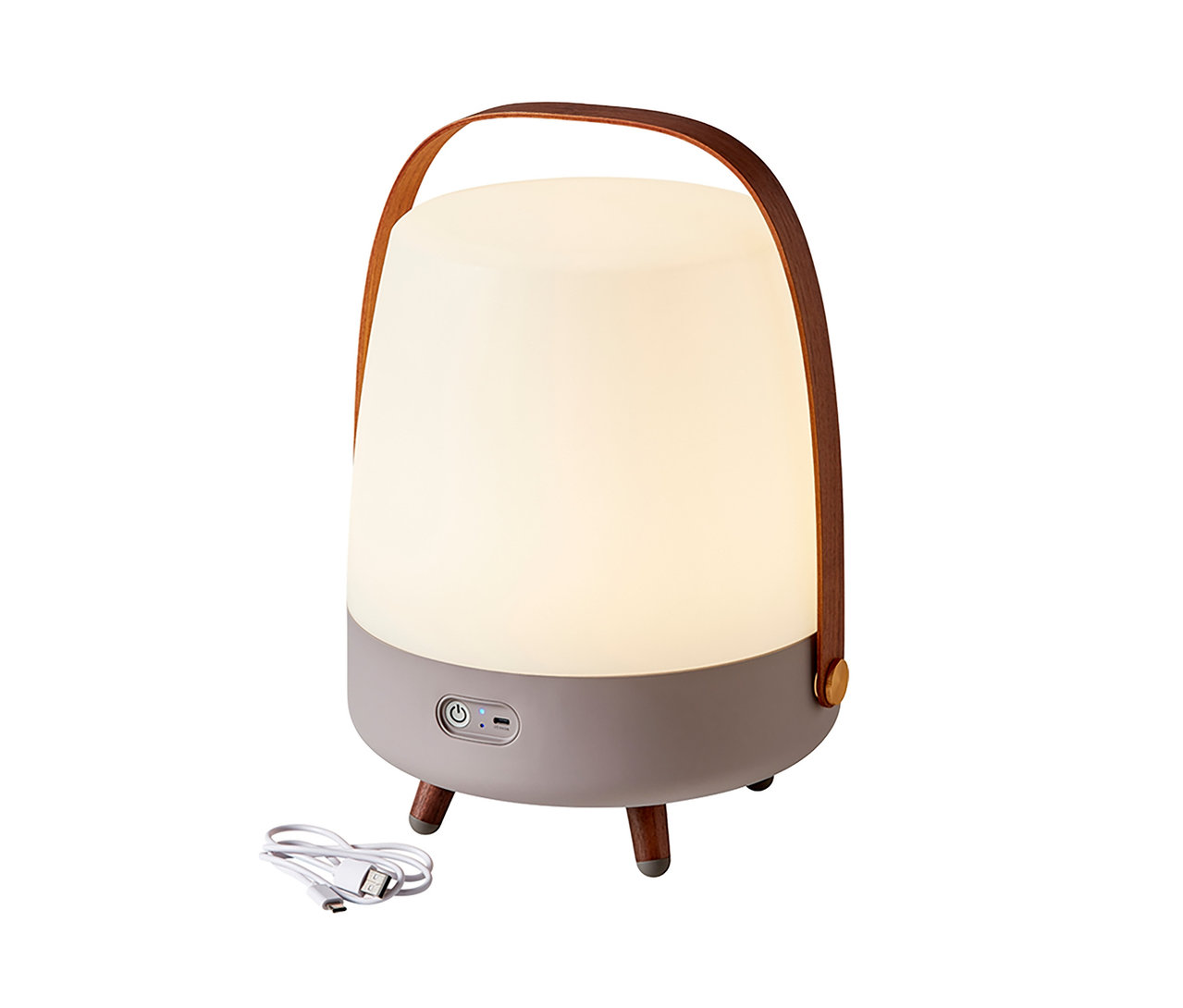 Tischleuchte mit LED-Licht, Bluetooth-Lautsprecher, grauem Sockel und Holzgriff.