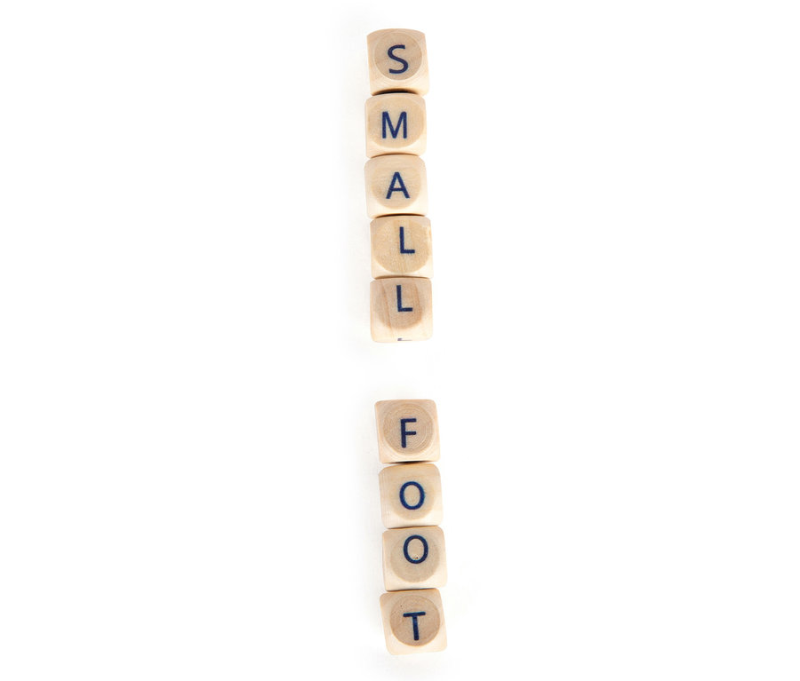 Holzwürfel mit den Buchstaben SMALL FOOT übereinander gestapelt.
