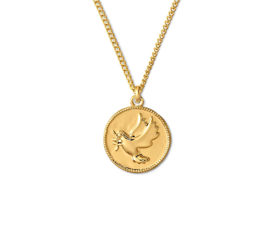 Goldene Kette Dove mit rundem Anhänger, der eine Taube zeigt.