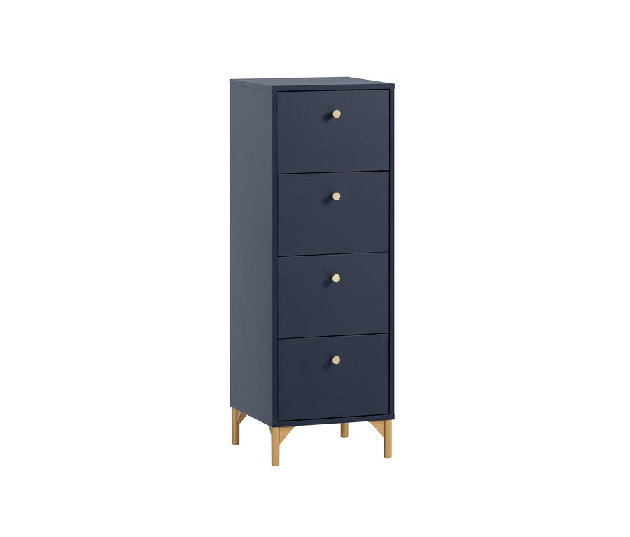Schmale, blaue Kommode »Alfa« mit vier Schubladen und goldenen Griffen.