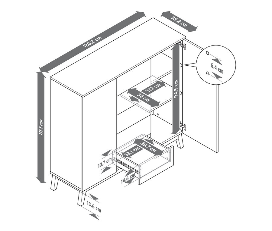 Eine schematische Darstellung eines Highboards mit Maßangaben.