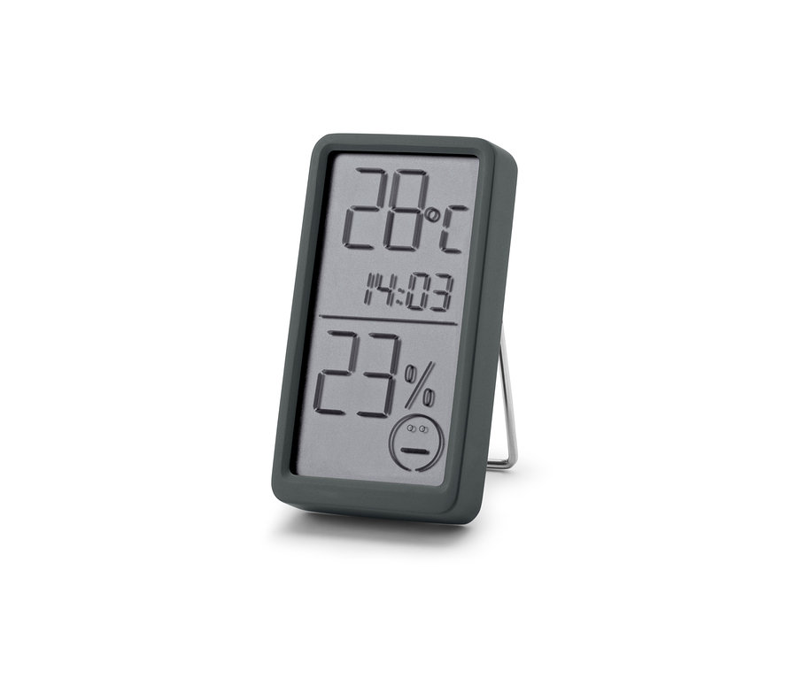 Ein graues 2 Raumthermometer zeigt 28 Grad Celsius und 23% Luftfeuchtigkeit an.