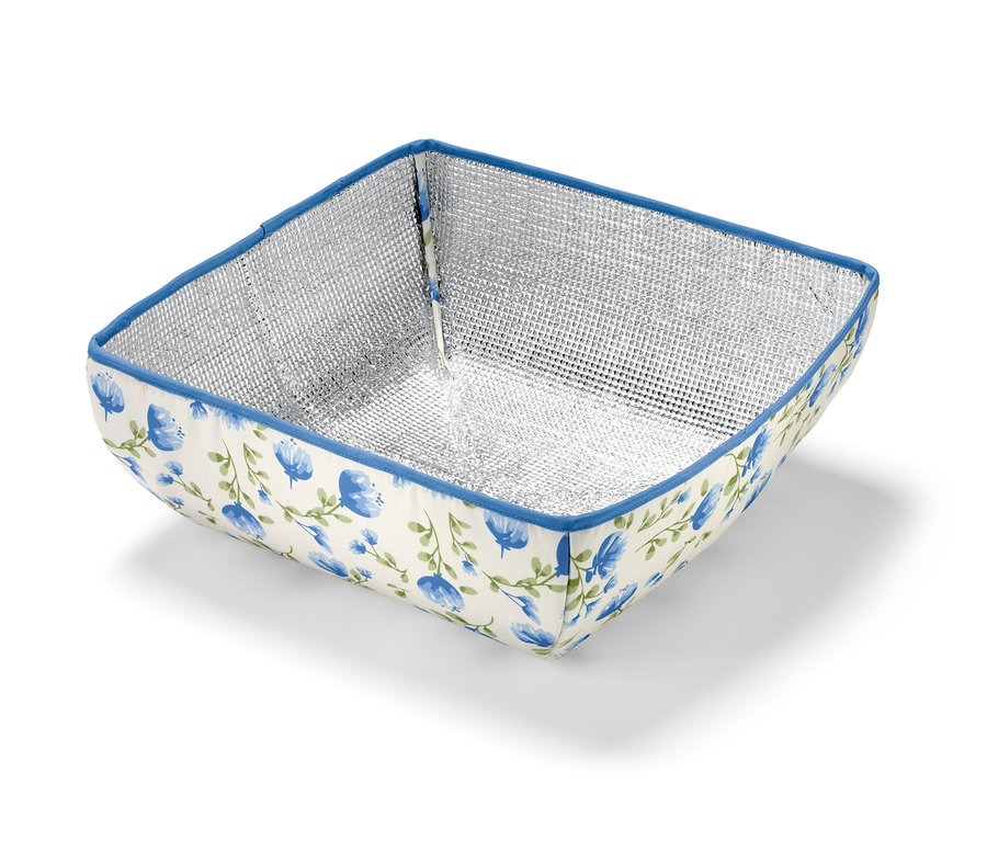Thermo-Abdeckhaube mit silberner Innenseite und blauen Blumen.