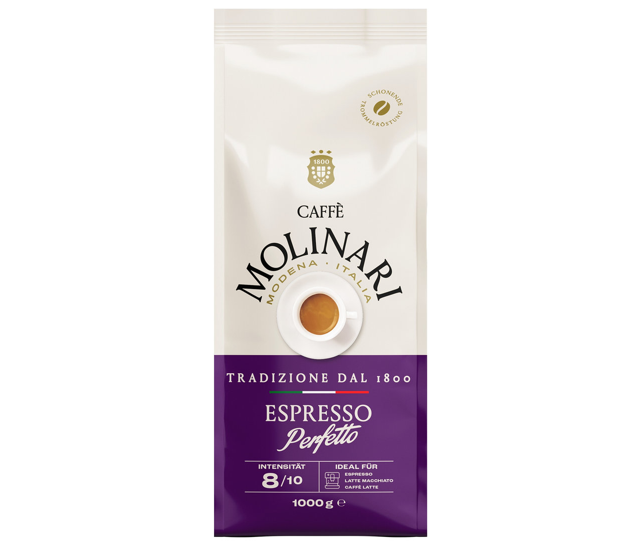 Eine Packung Caffè Molinari Espresso Perfetto Kaffeebohnen.