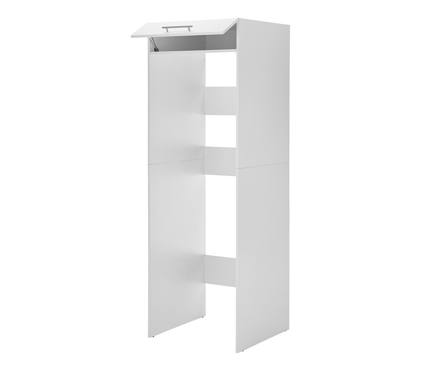 Weißer Respekta Waschmaschinenschrank und Hochschrank mit geöffnetem Hängeschrank.