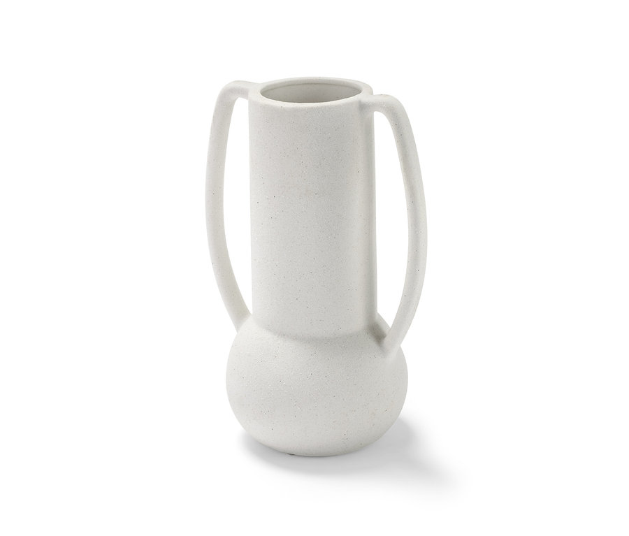 Weiße Vase mit Griffen.