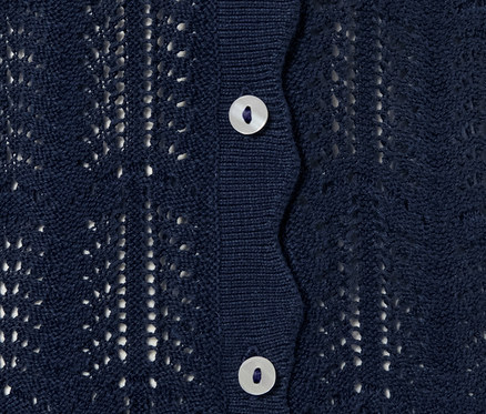 Detailansicht einer marineblauen Strickjacke mit Ajour-Muster und zwei weißen Knöpfen.