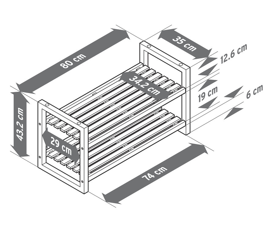 Schema eines stapelbaren Regals mit Maßangaben.