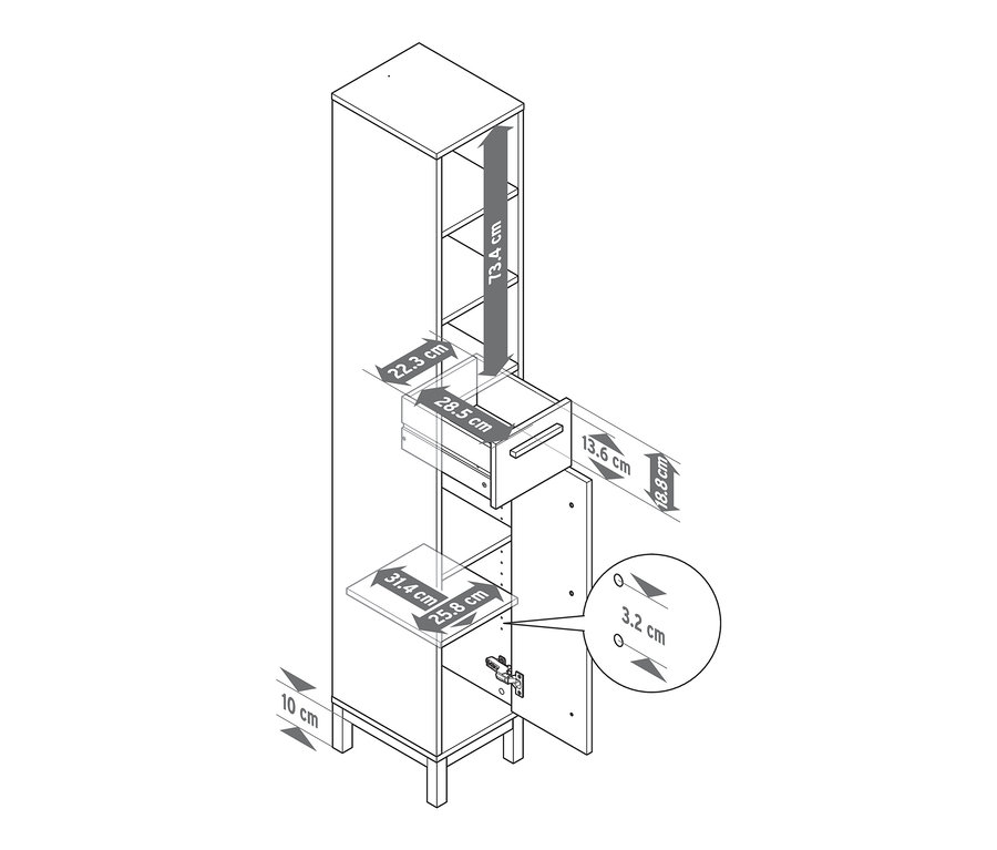 Zeichnung des Bad-Hochschranks »Eklund« mit offenem Fach, Schublade und Tür, schmal.
