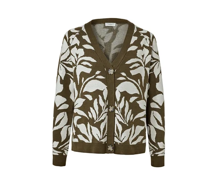 Grüner Grobstrick-Cardigan mit Jacquard Muster aus weißen Blättern.