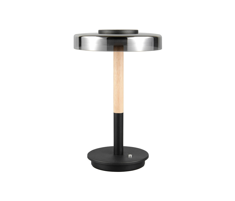 Eine silberne Trio LED-Tischleuchte »Celeste« mit einem Holzstiel und einem schwarzen Sockel.