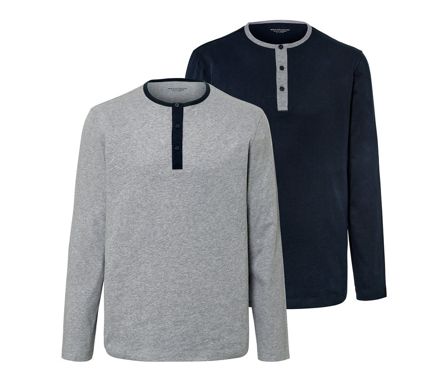 Zwei Pyjama-Shirts in Grau und Dunkelblau.