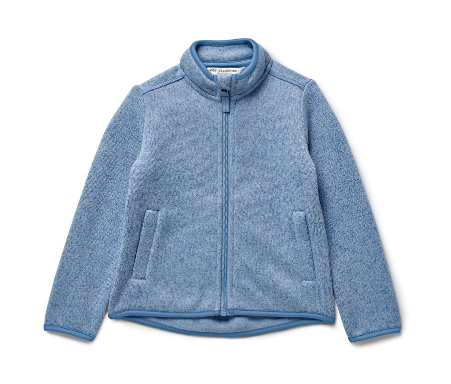 Blaue Kinder-Strickfleecejacke mit Reissverschluss und Taschen.