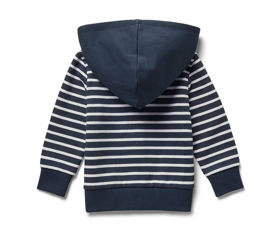 Rückansicht einer Kinder-Sweatjacke mit Kapuze, blau-weiß gestreift, mit dunkelblauer Kapuze.