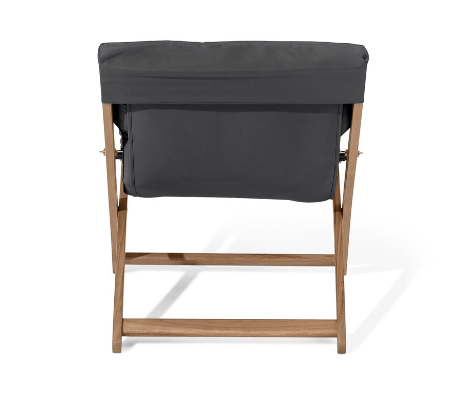 Rückansicht eines faltbaren Relax-Sessels in Anthrazit.