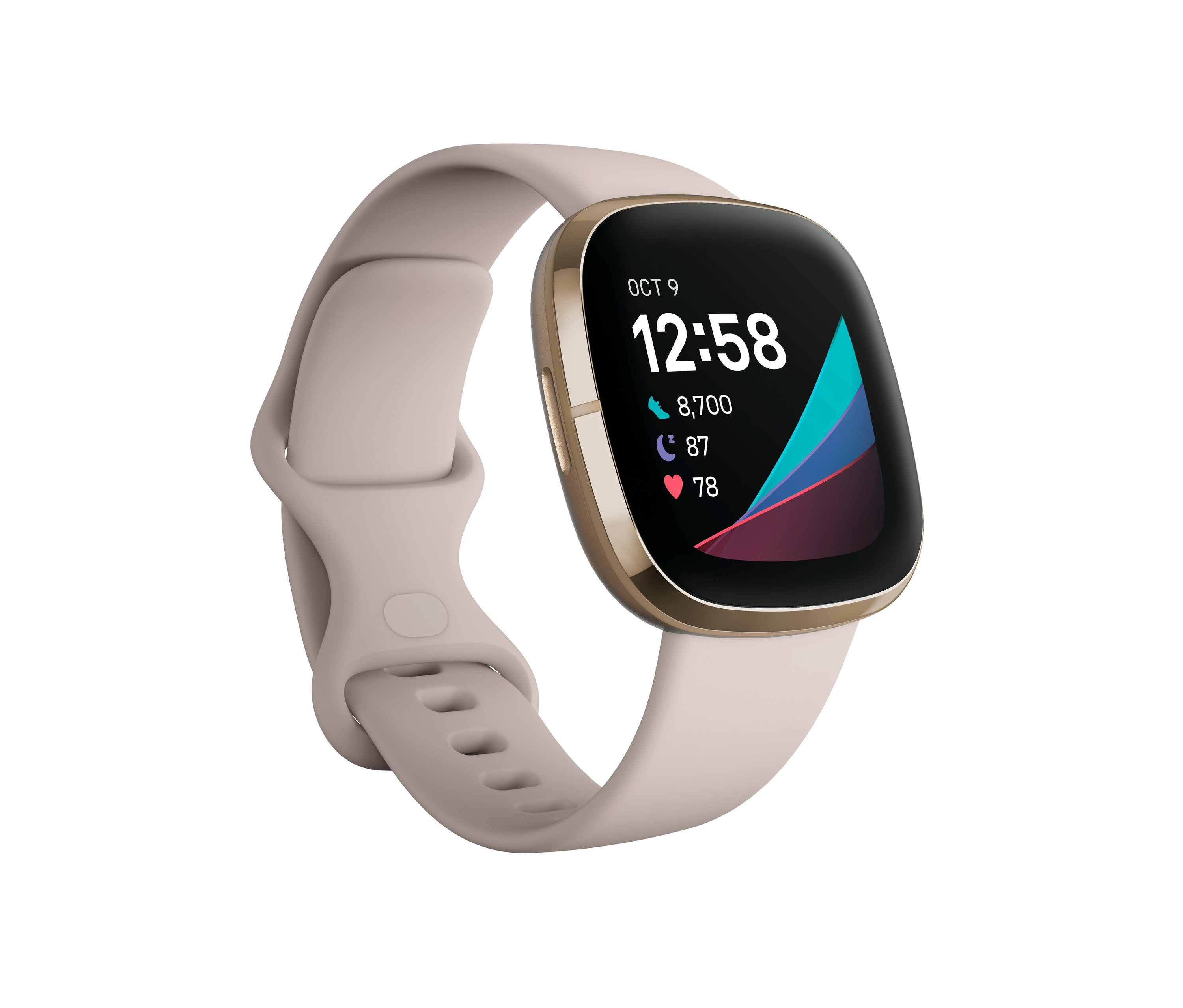 Detailaufnahme der mandelweißen Fitbit Sense Gesundheits-Smartwatch mit der Uhrzeit 12:58 auf dem Display.