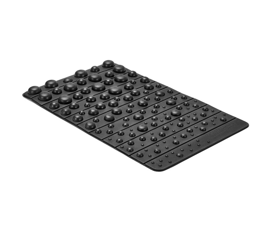 Schwarze Fußreflexzonen-Matte mit Reihen von Massagepunkten.