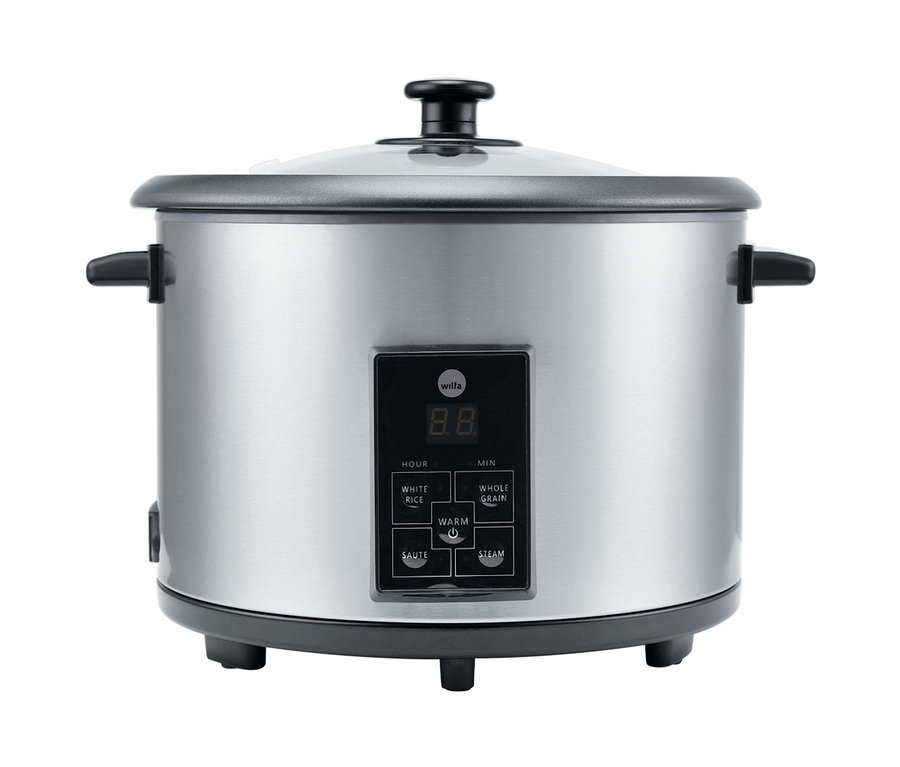 Silberner Wilfa Reiskocher »GOHAN RC-10CD« mit schwarzem Bedienfeld und transparentem Deckel.