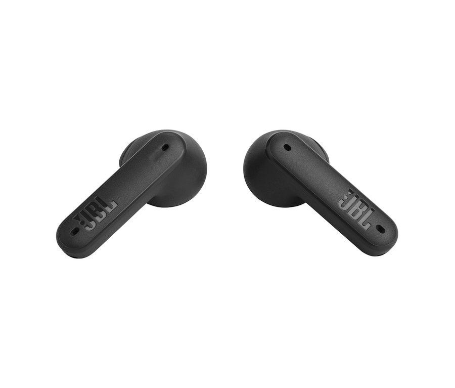 Zwei schwarze JBL »TUNE FLEX« In-Ear TWS Kopfhörer.