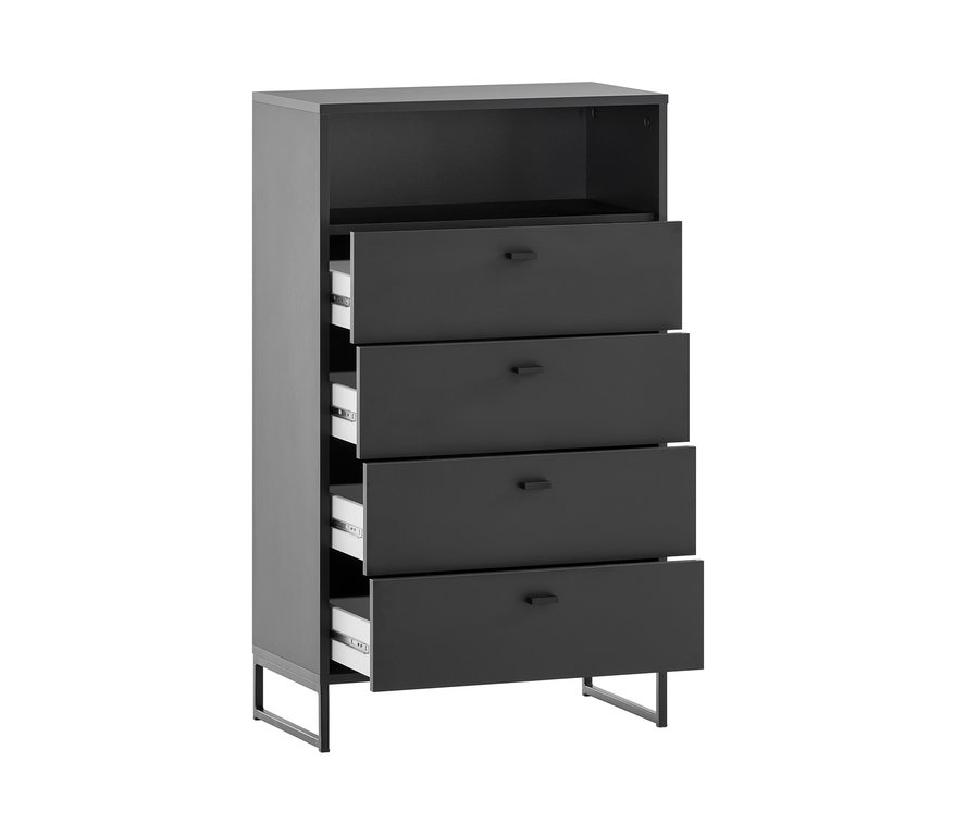 Ein schwarzes Highboard »Savino« mit vier Schubladen, von denen zwei geöffnet sind.
