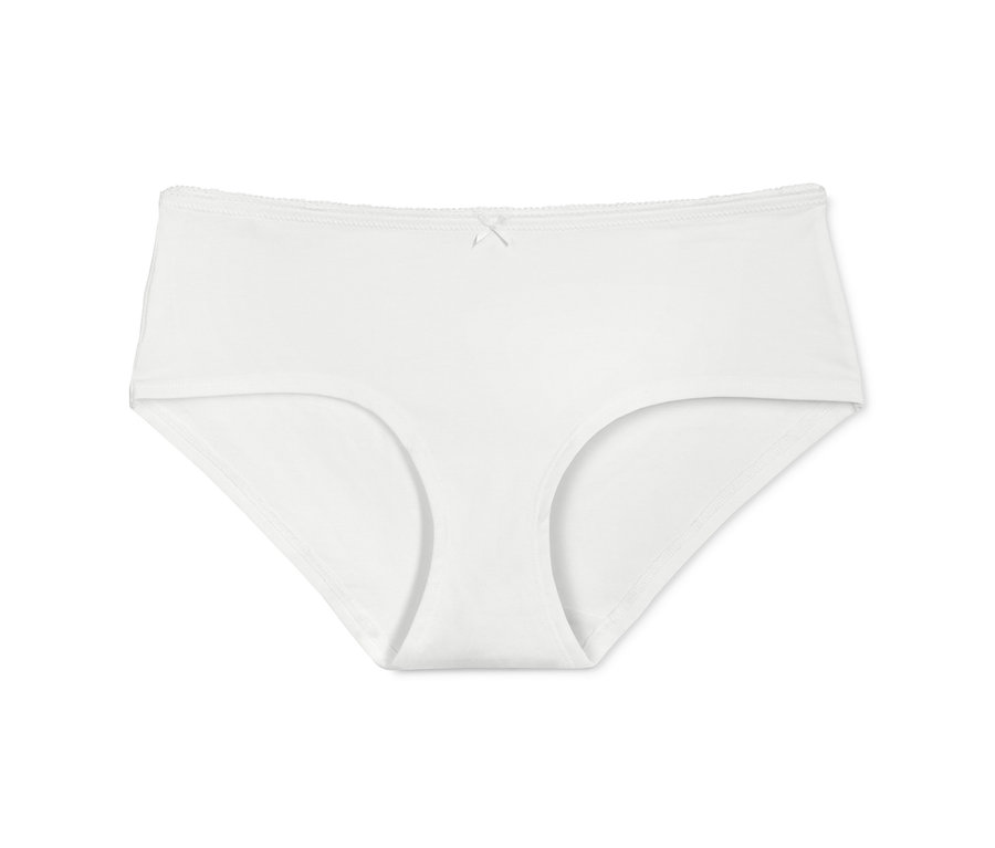 Ein einzelner weißer Slip (5 Pantys) auf einem weißen Hintergrund.