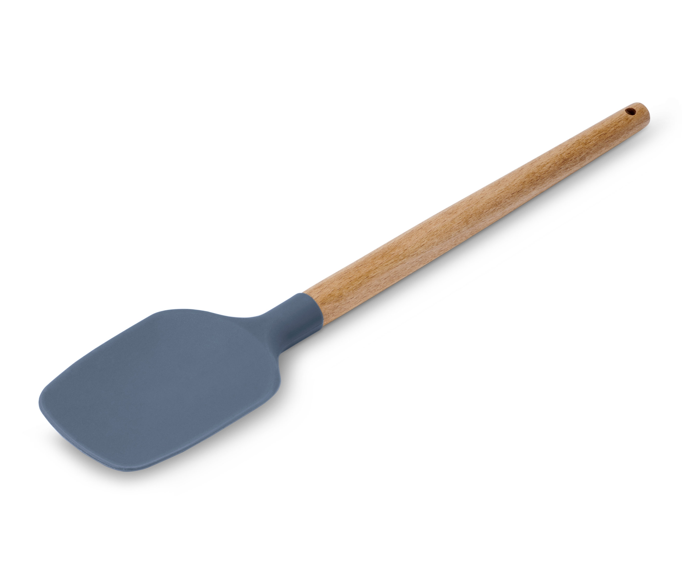 Ein grauer Teigschaber mit Holzgriff.