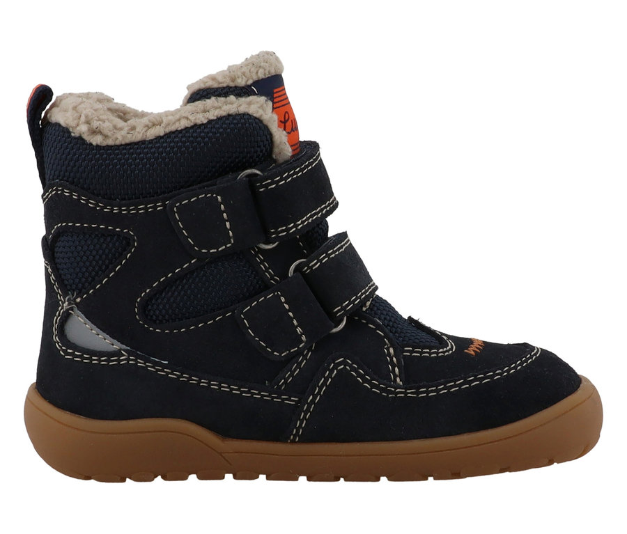 Ein marineblauer Winterstiefel, der LURCHI »Juppy Barefoot-TEX« mit brauner Sohle und Fellfutter.