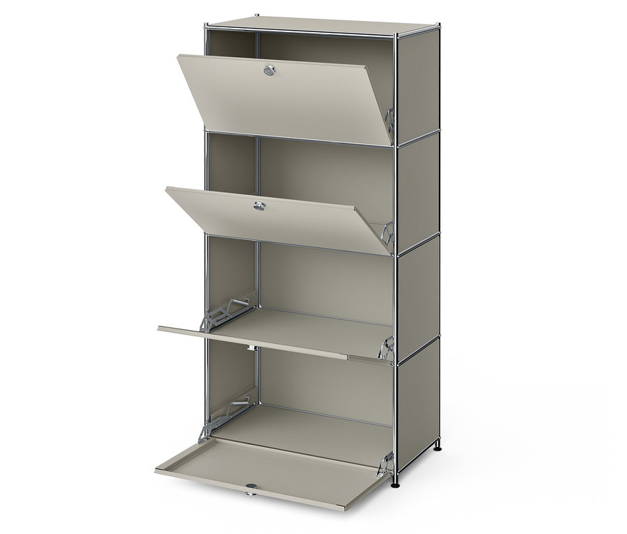 Ein graues modulares Regal mit vier Etagen, wobei die oberen beiden Türen geöffnet sind.