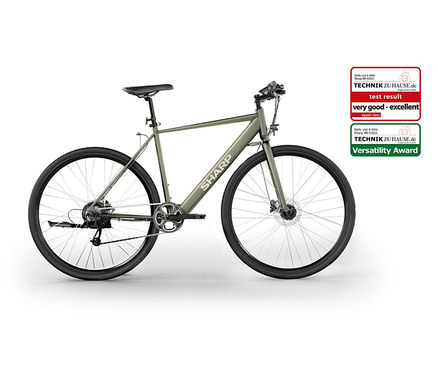 Graues Sharp E-Bike auf weißem Hintergrund.