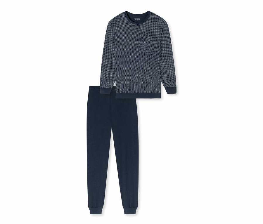 Blaues SCHIESSER Pyjama-Set, bestehend aus langärmligem Oberteil und Hose.