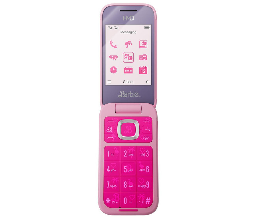 Rosa HMD Barbie Phone 4G Klapphandy mit Display, das App-Symbole zeigt.