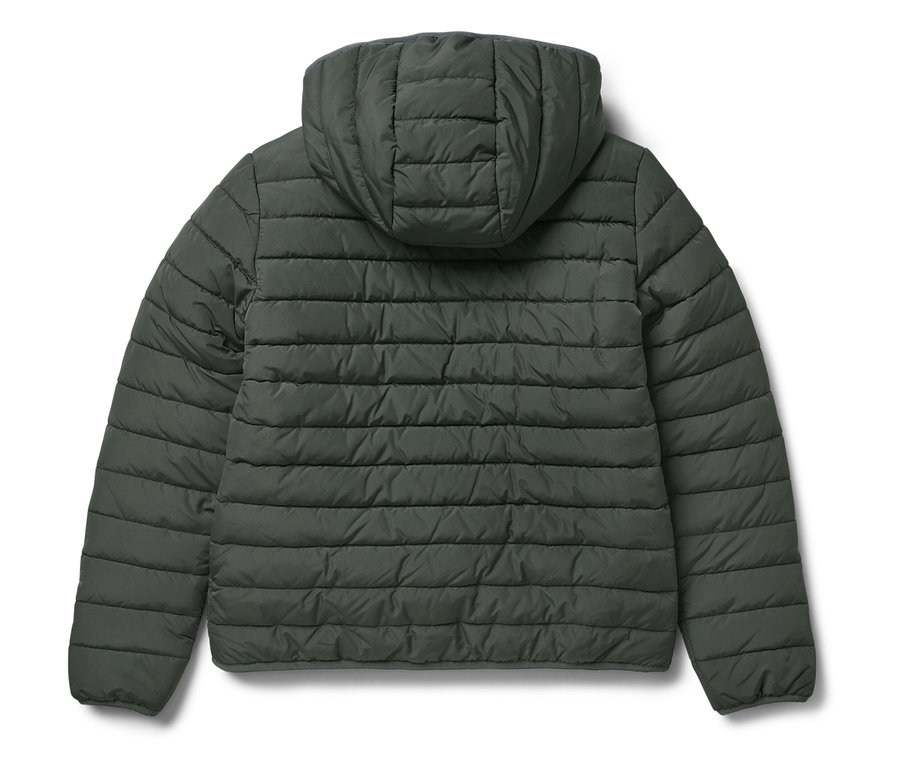 Rückansicht einer olivgrünen Steppjacke mit Kapuze.