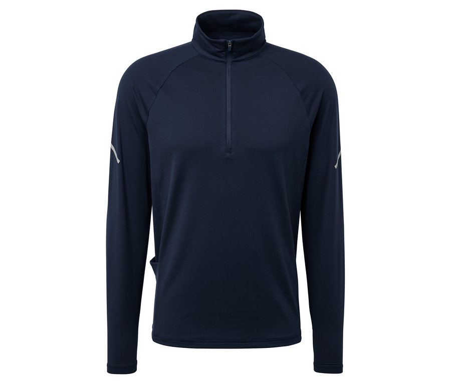 Dunkelblaues Sportoberteil mit langen Ärmeln und Reißverschluss am Kragen.