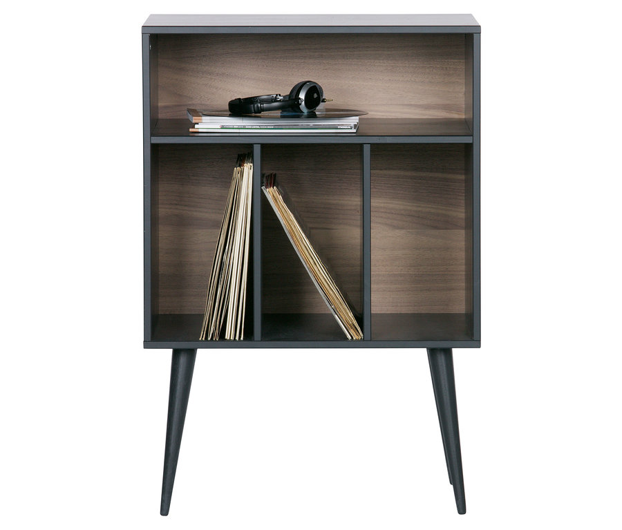 Woood Schrank »James«, schwarz-walnuss mit Schallplatten und Kopfhörern.