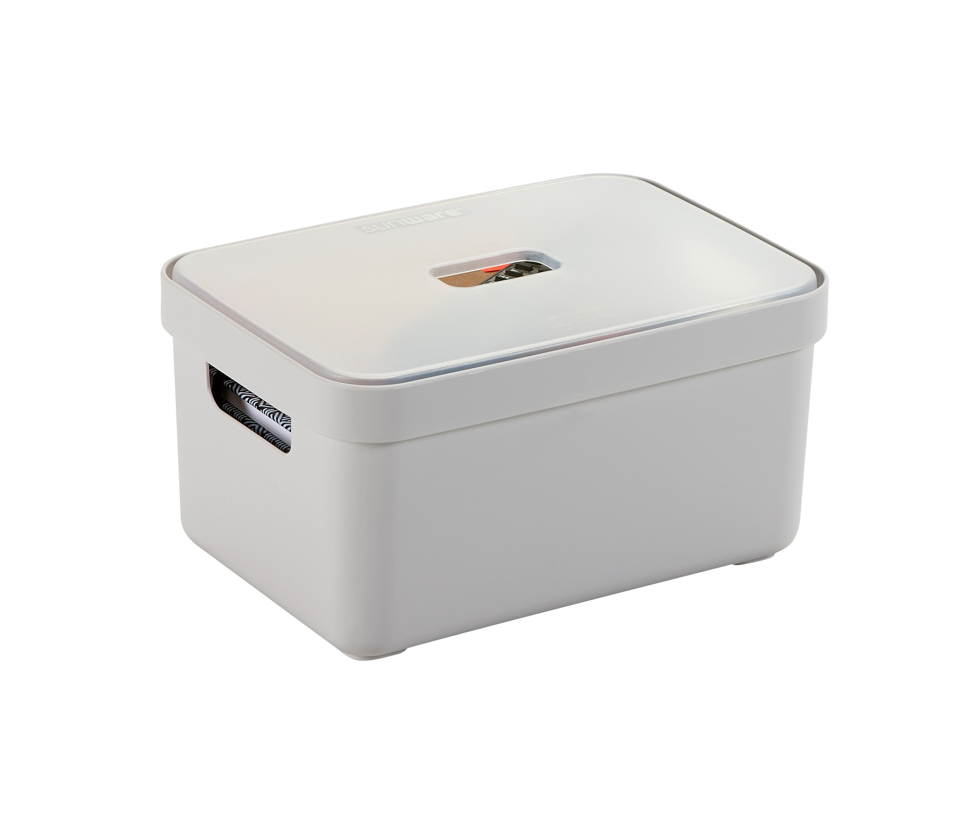 Weiße Aufbewahrungsbox mit transparentem Deckel.