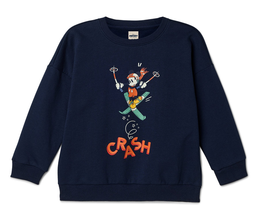Blauer Pullover mit einem Aufdruck von Mickey Mouse beim Skifahren und dem Wort "Crash".