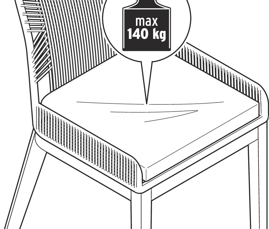Illustration eines Stuhls mit Textilgeflecht und einer Markierung des maximalen Gewichts von 140 kg.