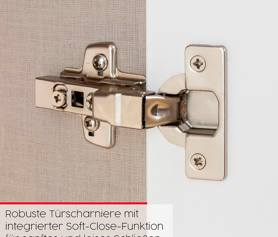 Detail eines robusten Türscharniers mit integrierter Soft-Close-Funktion für sanftes und leises Schließen.
