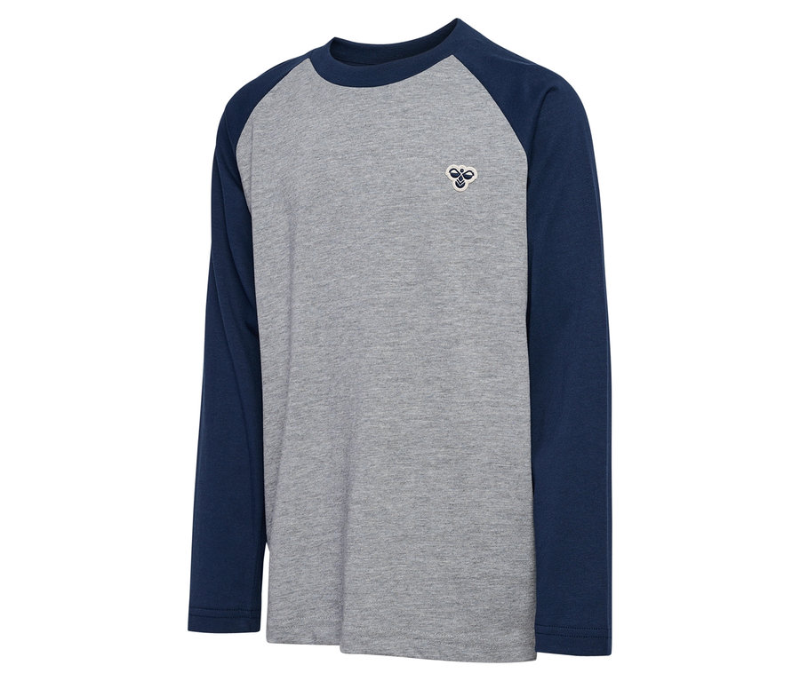 Graues HMLJR Raglan Loose T-Shirt BEE mit blauen Ärmeln.