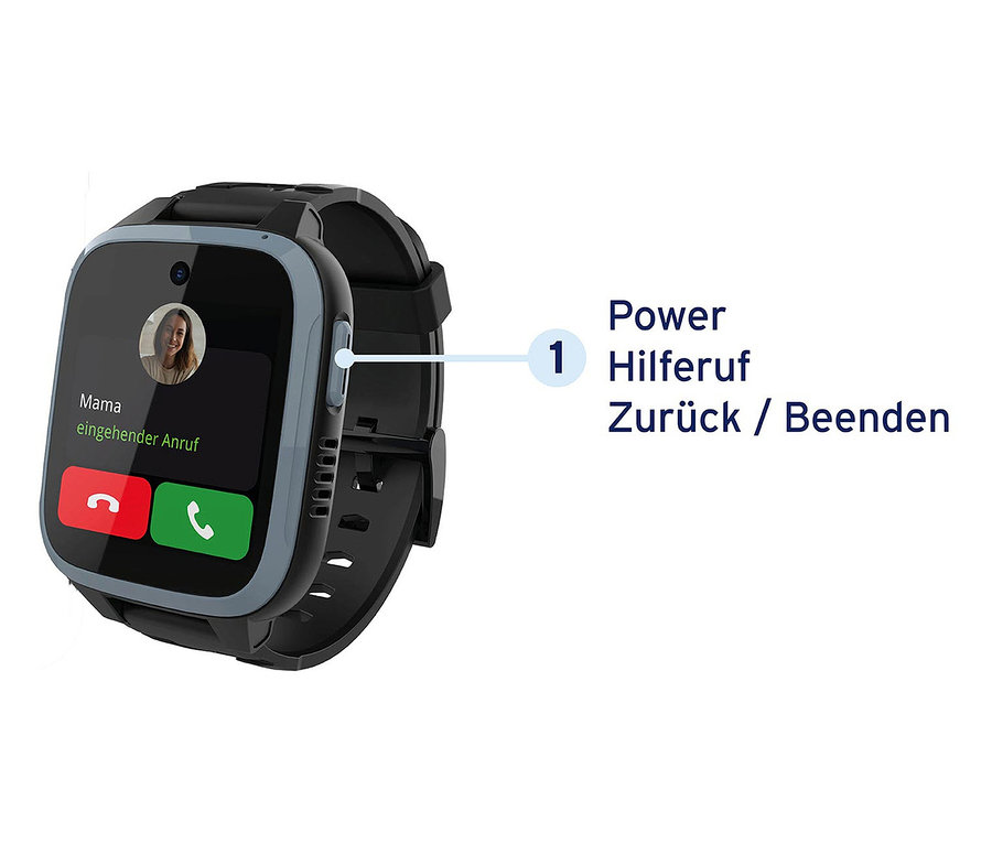 Nahaufnahme einer schwarzen Smartwatch mit Touchscreen, die einen eingehenden Anruf von „Mama“ anzeigt. Zu sehen ist die Kids Watch Xplora XGO3 in schwarz.