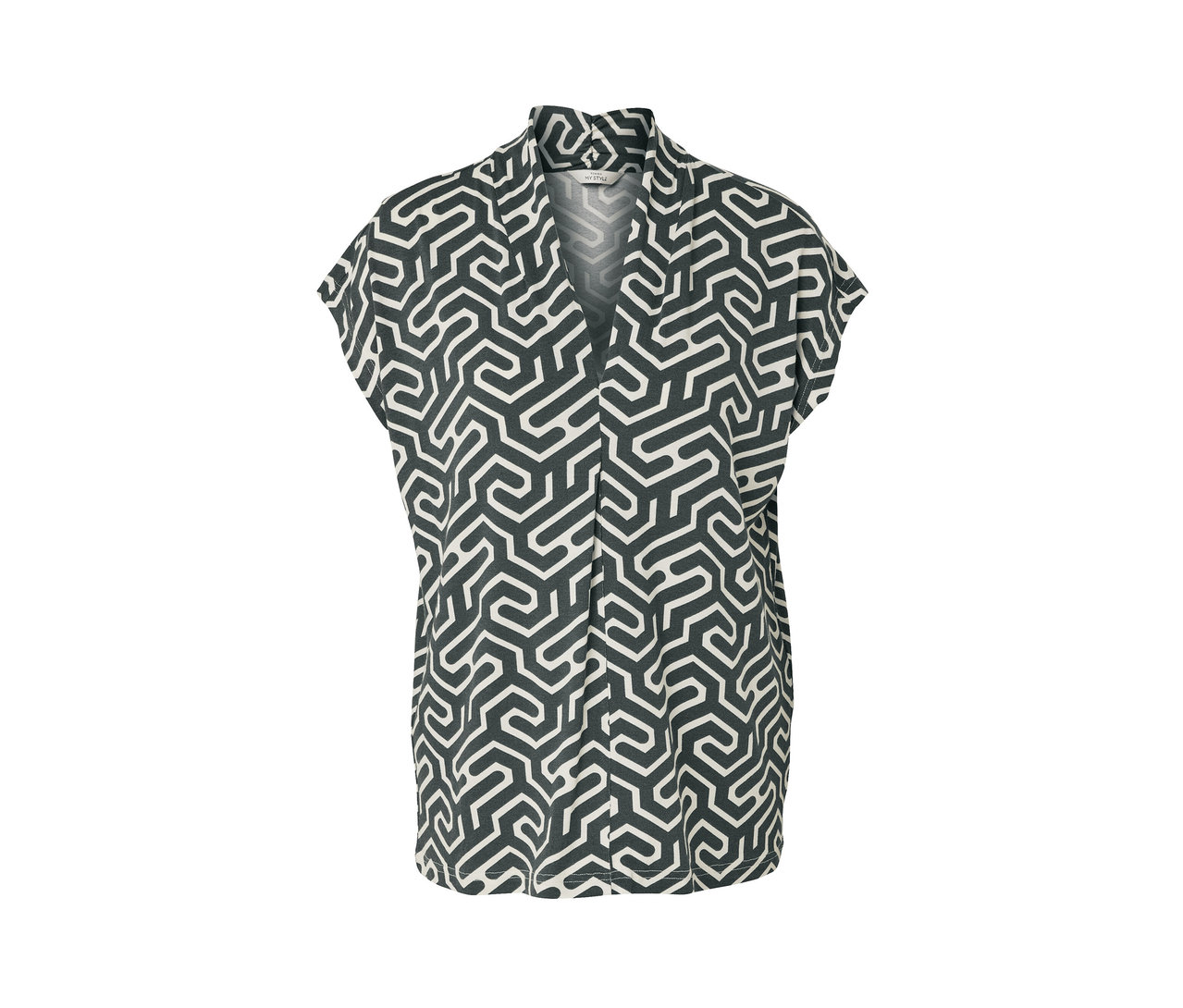 Grünes Blusenshirt mit V-Ausschnitt und Muster.